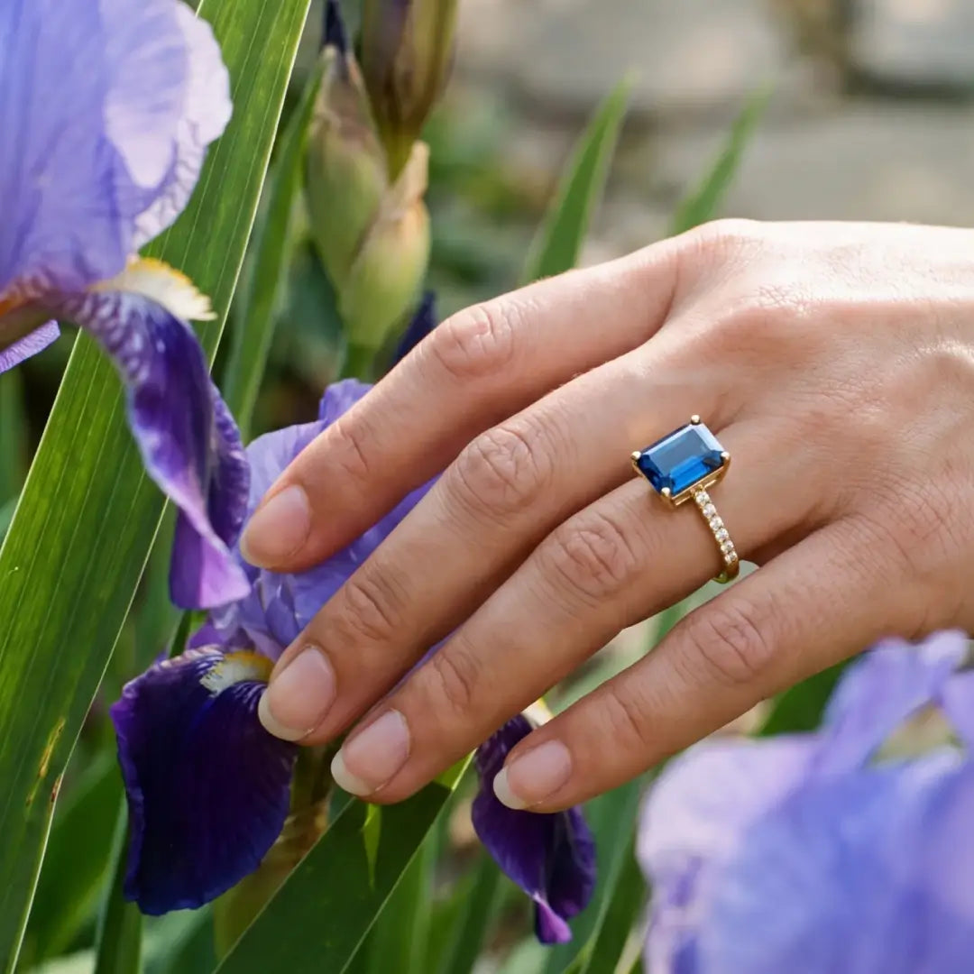Radiant 4ctw Emerald-Cut Lab-Grown Sapphire Diamond Ring in 14k yellow gold