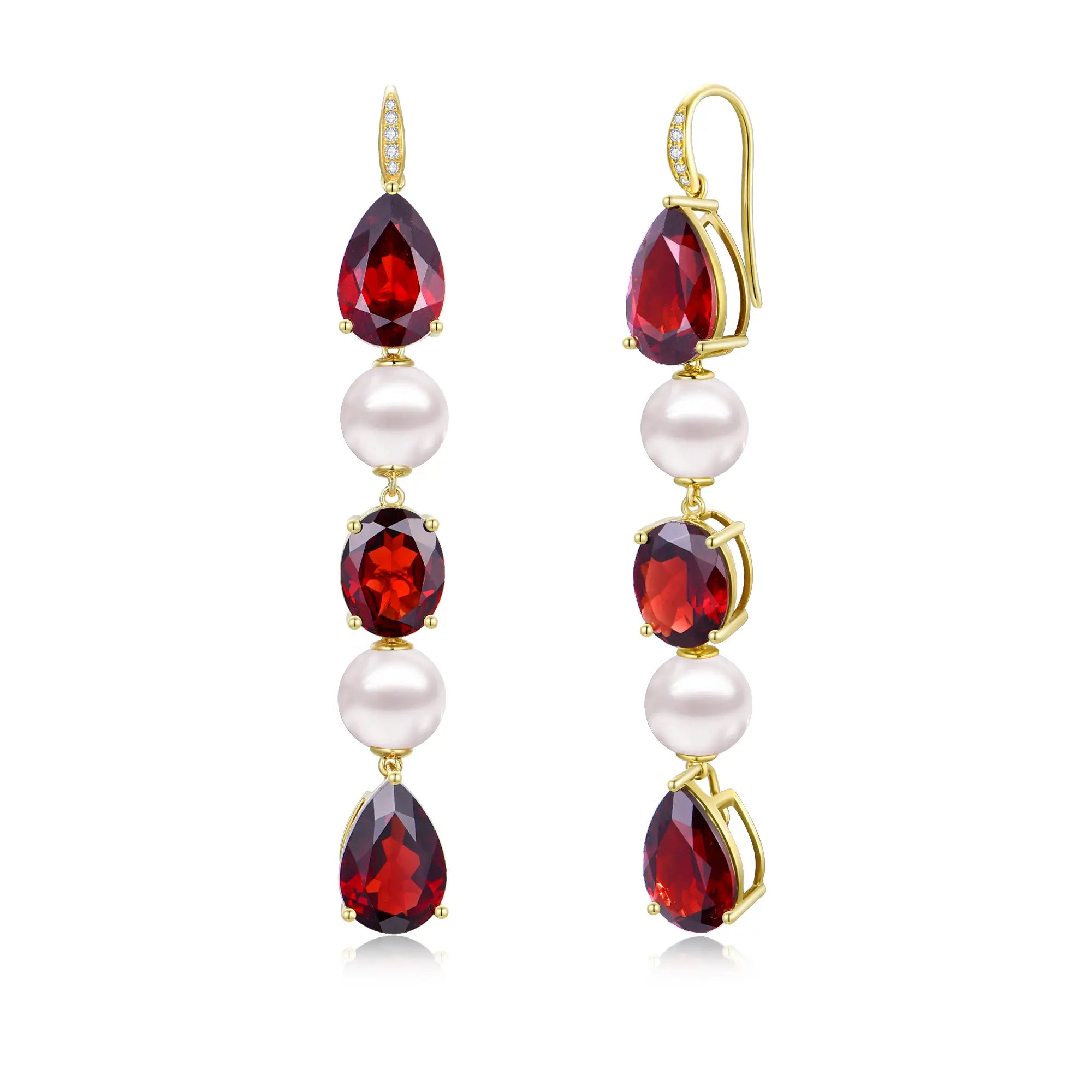 GemFusion Natural Garnet Diamond Pearl Convertible Drop Earrings 14k yellow gold