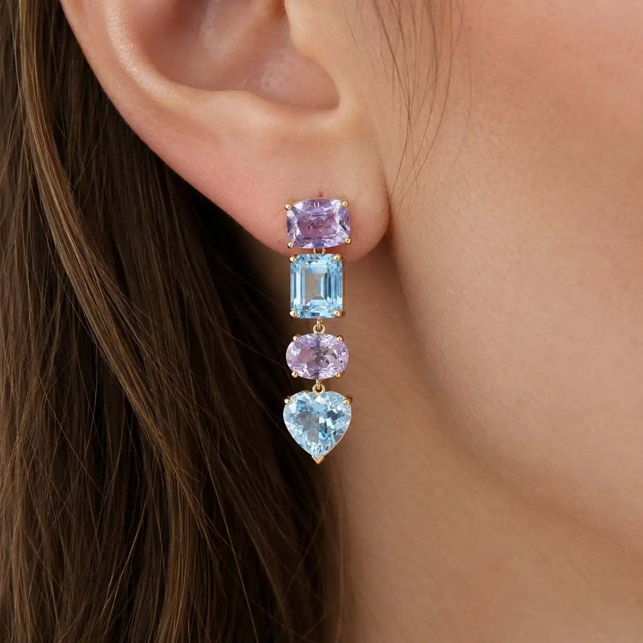 Garden Melody AIGS Certified 12.85 ctw Aquamarine & Lavender Amethyst Drop Earrings in 14k yellow gold (One-of-a-Kind)