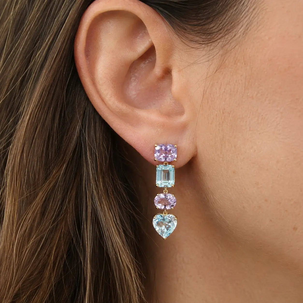 Garden Melody AIGS Certified 12.85 ctw Aquamarine & Lavender Amethyst Drop Earrings in 14k yellow gold (One-of-a-Kind)