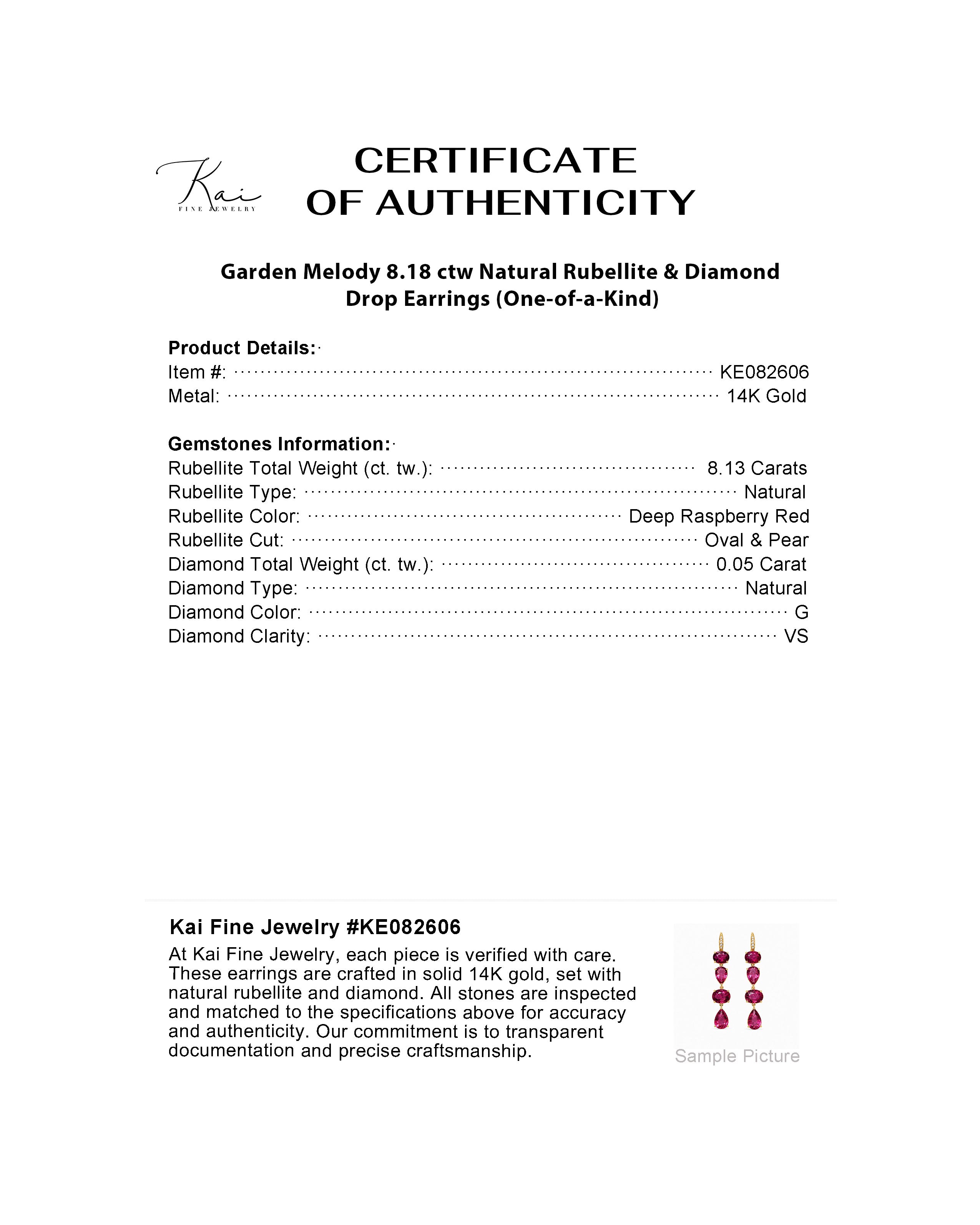 certificate of 14k yellow gold Garden Melody 8.18 ctw Natural Rubellite & Diamond Drop Earrings (One-of-a-Kind)