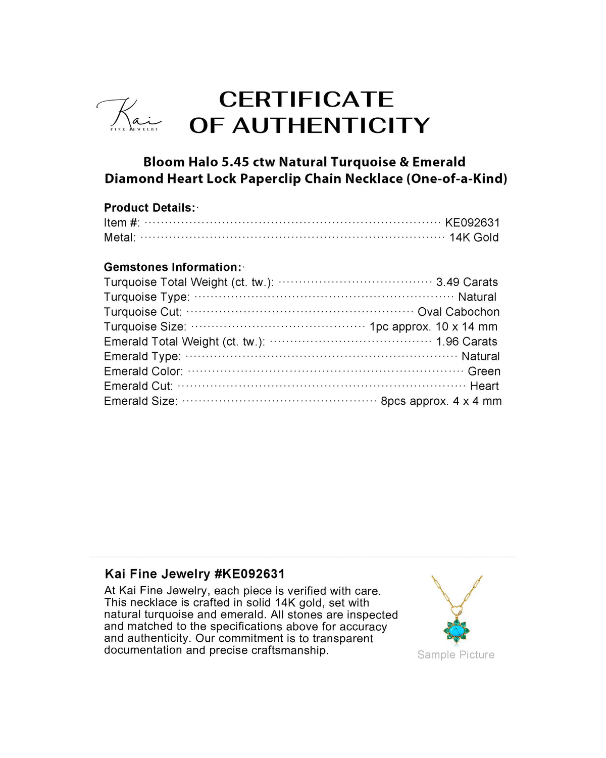 Bloom Halo 5.45 ctw Natural Turquoise & Emerald Diamond Heart Lock Paperclip Chain Necklace (One-of-a-Kind)