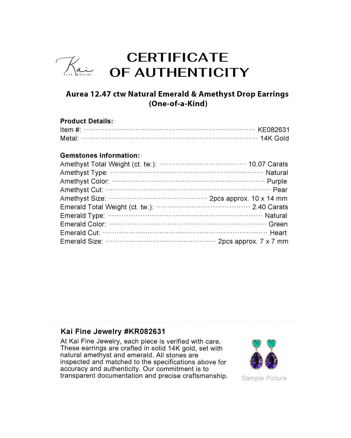 Aurea 12.47 ctw Natural Emerald & Amethyst Drop Earrings (One-of-a-Kind)