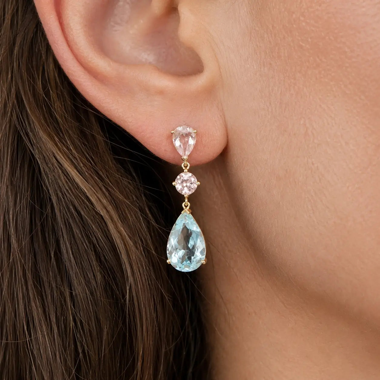 Garden Melody 7.88 ctw Natural Aquamarine & Pink Morganite Drop Earrings in 14k yellow gold (One-of-a-Kind)