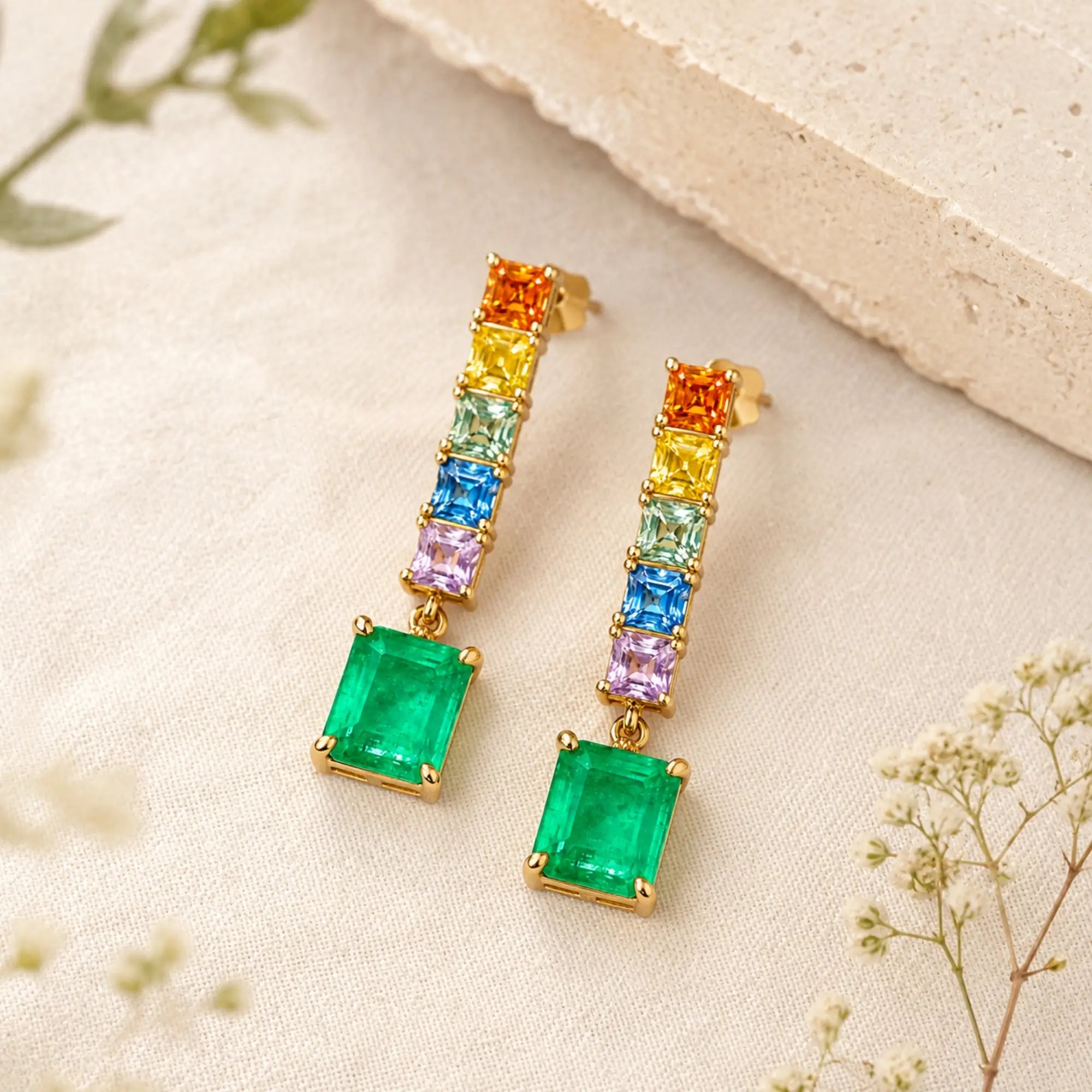 14k gold Garden Melody 3.56 ctw Natural Emerald & Sapphire Drop Earrings (One-of-a-Kind)