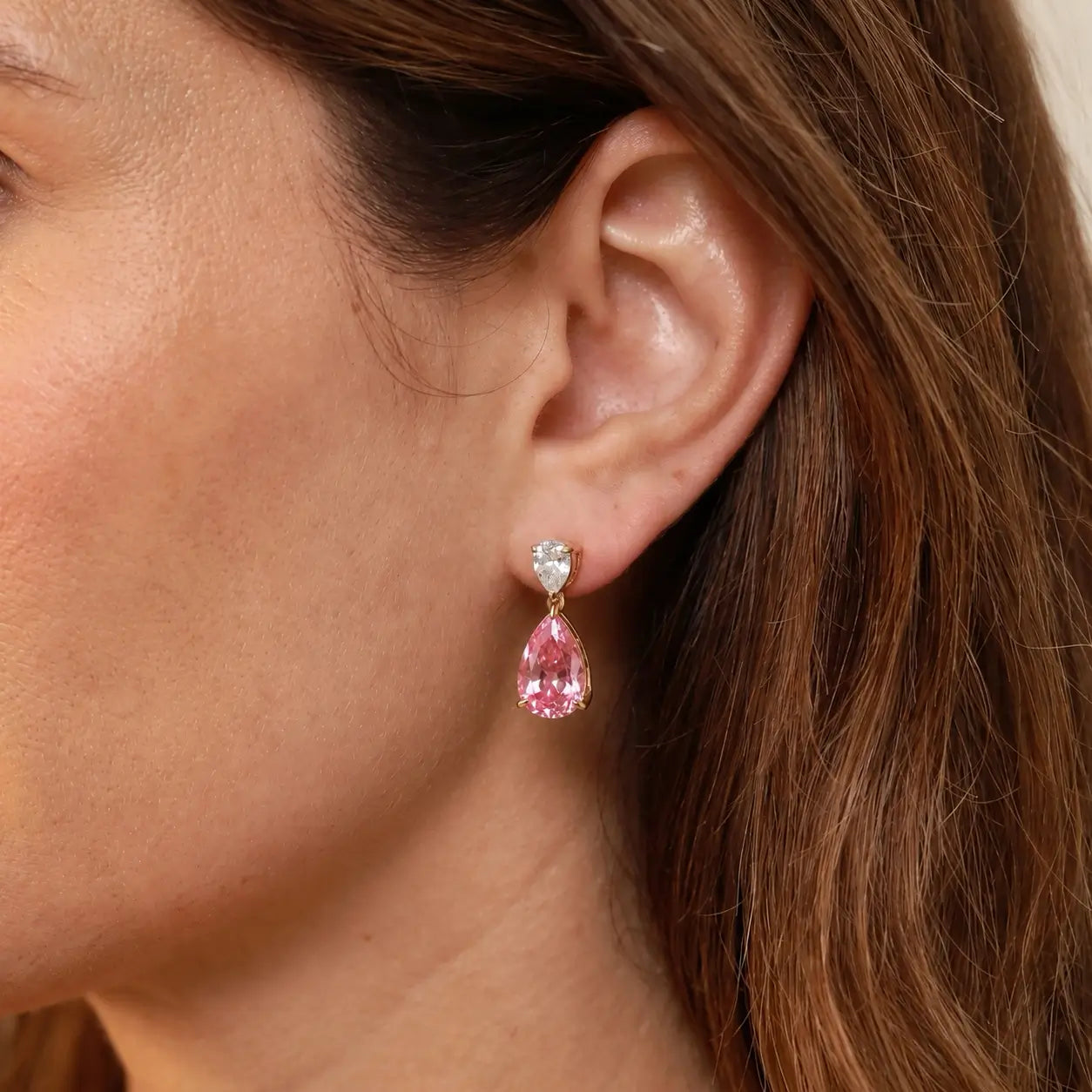Duet Pear Lab Grown Diamond & Pink Sapphire Drop Earrings in 14k solid gold