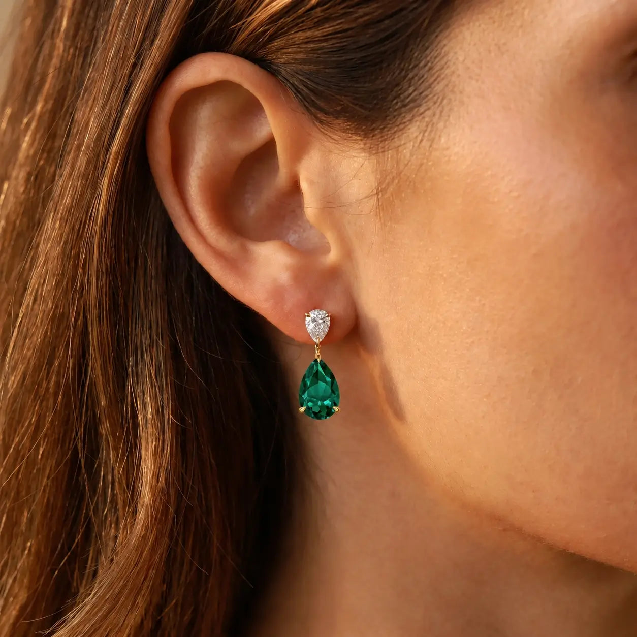 Duet 7ctw Pear Lab Grown Diamond & Emerald Drop Earrings in 14k yellow gold