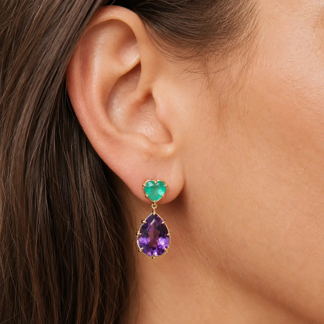 14k yellow gold Aurea 12.47 ctw Natural Emerald & Amethyst Drop Earrings (One-of-a-Kind)