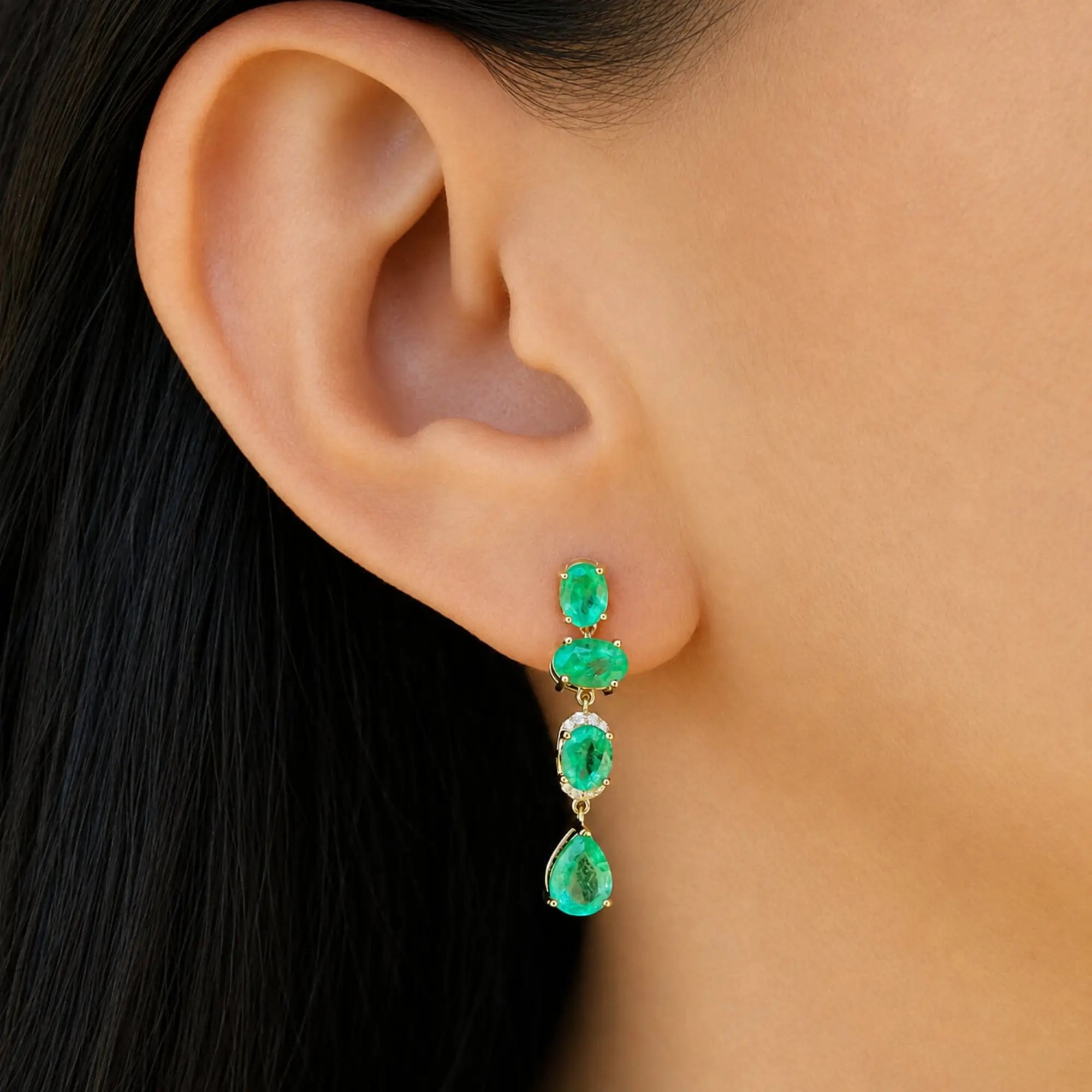 14k gold Garden Melody 3.92 ctw Natural Emerald & Diamond Drop Earrings (One-of-a-Kind)