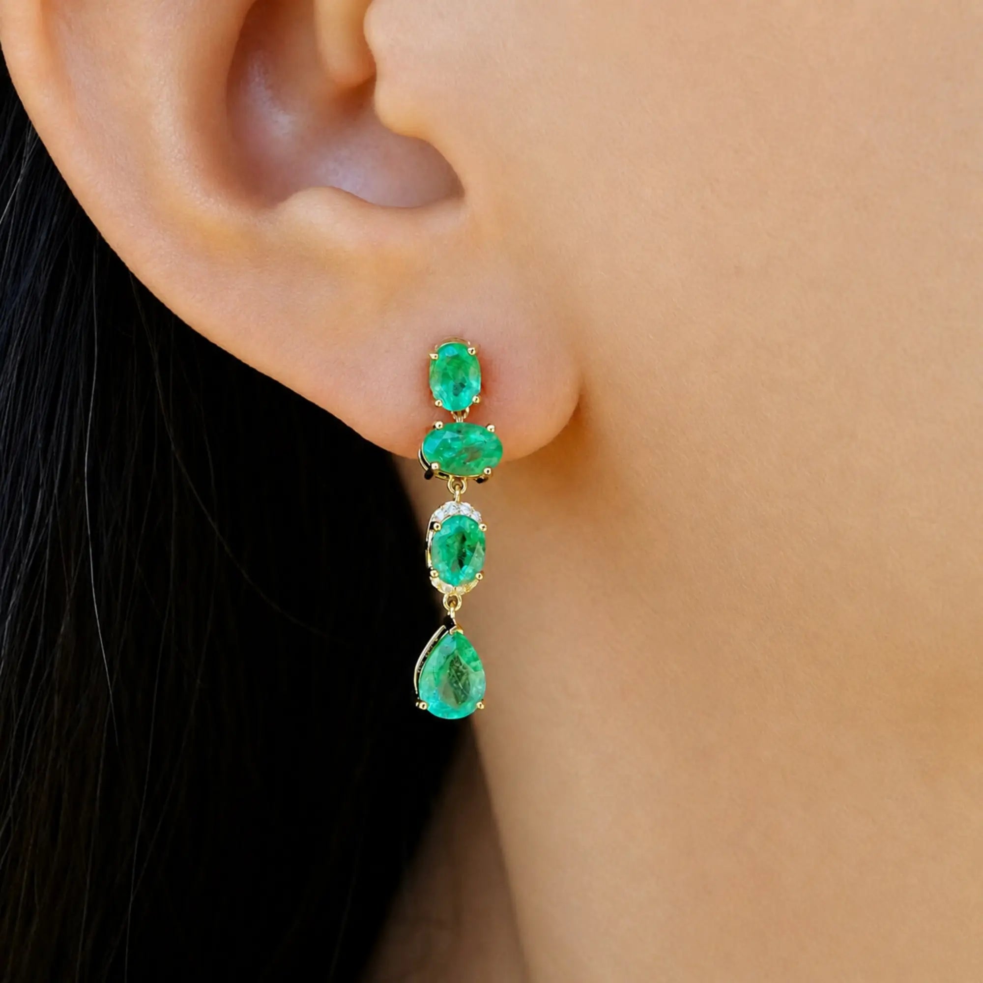14k gold Garden Melody 3.92 ctw Natural Emerald & Diamond Drop Earrings (One-of-a-Kind)