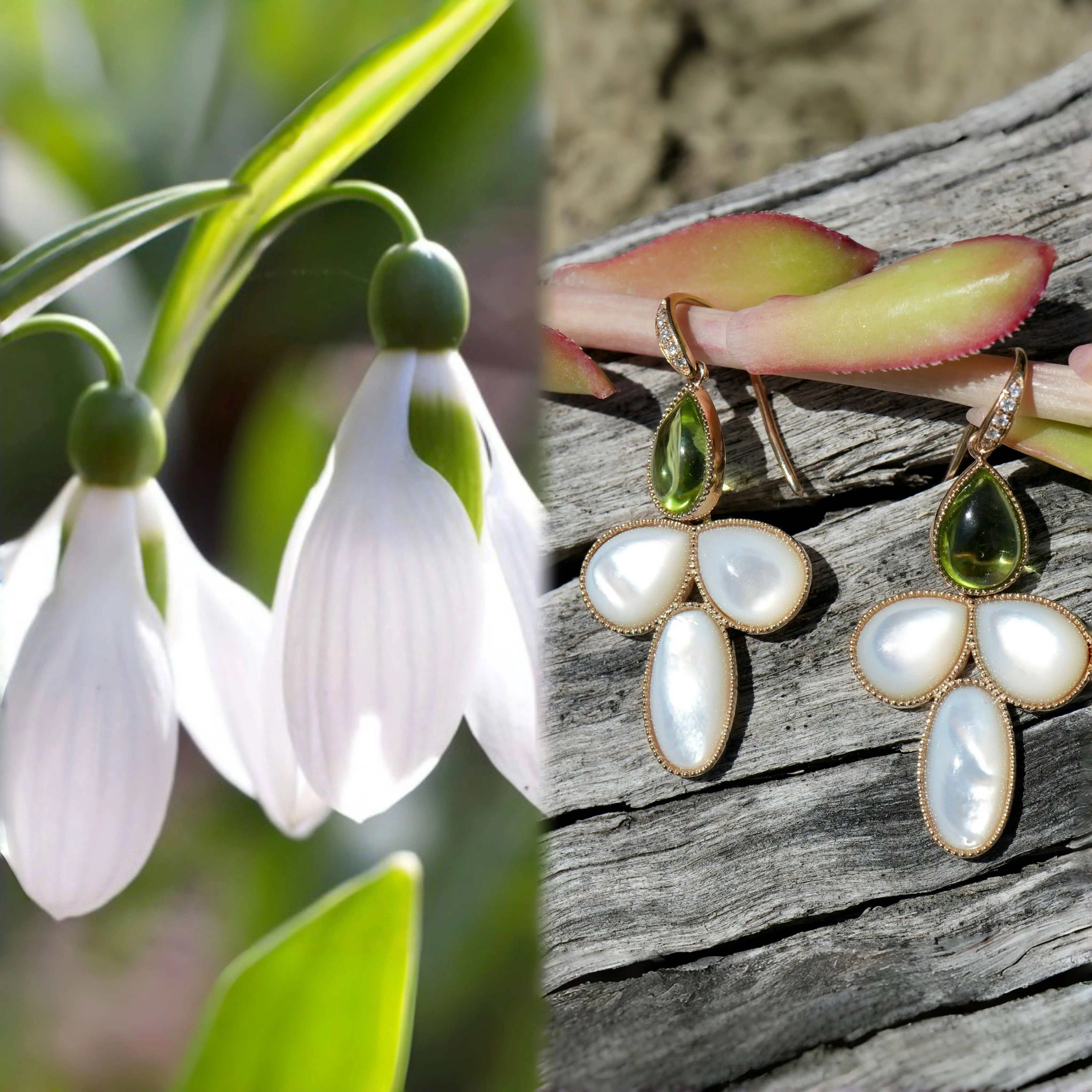 SnowDrop Flower Natural Peridot & Mother of Pearl Diamond Convertible Drop Earrings 14k yellow gold 
