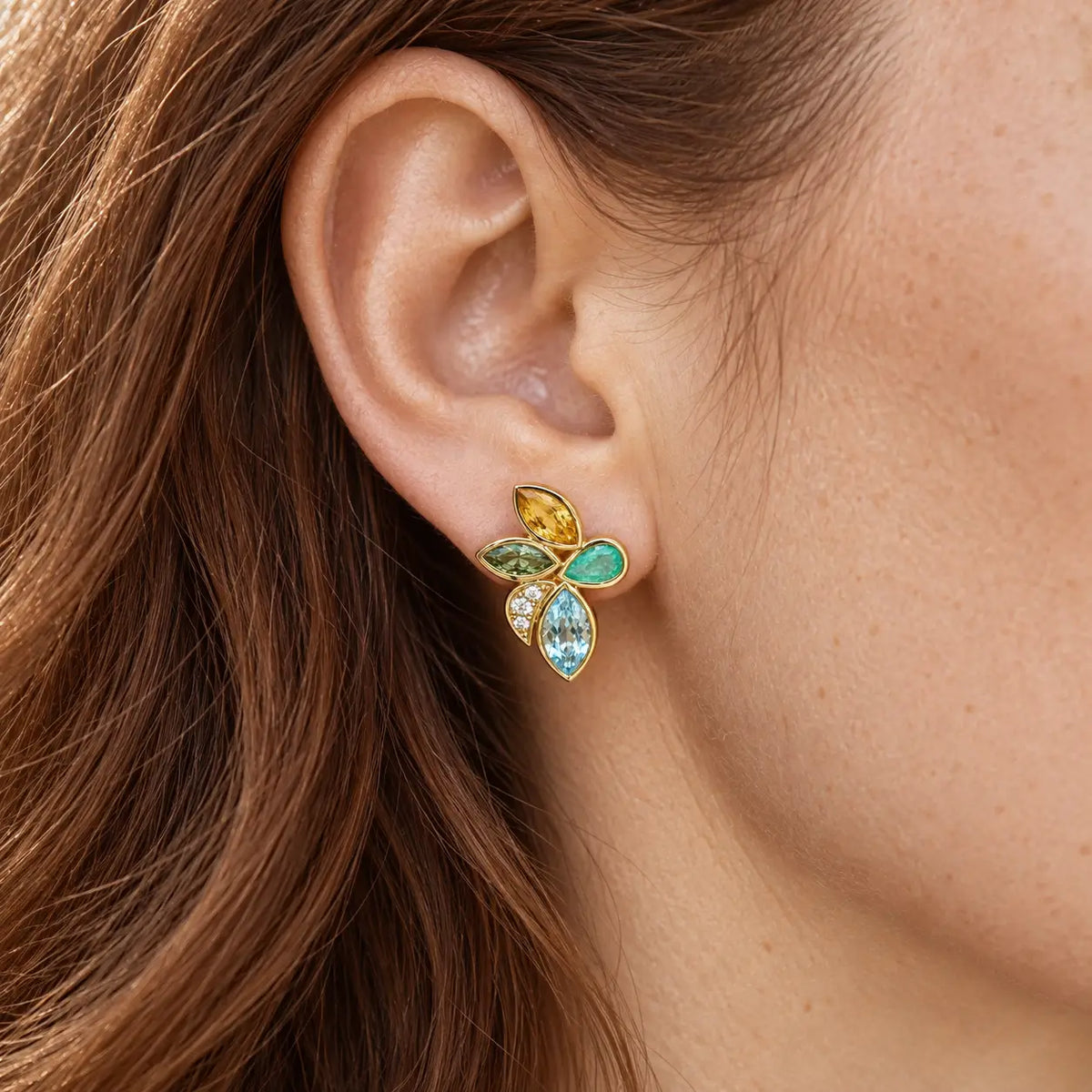 Tropical Flower 6.10 ctw Natural Sapphire, Emerald, Aquamarine & Diamond Earrings (One-of-a-Kind)