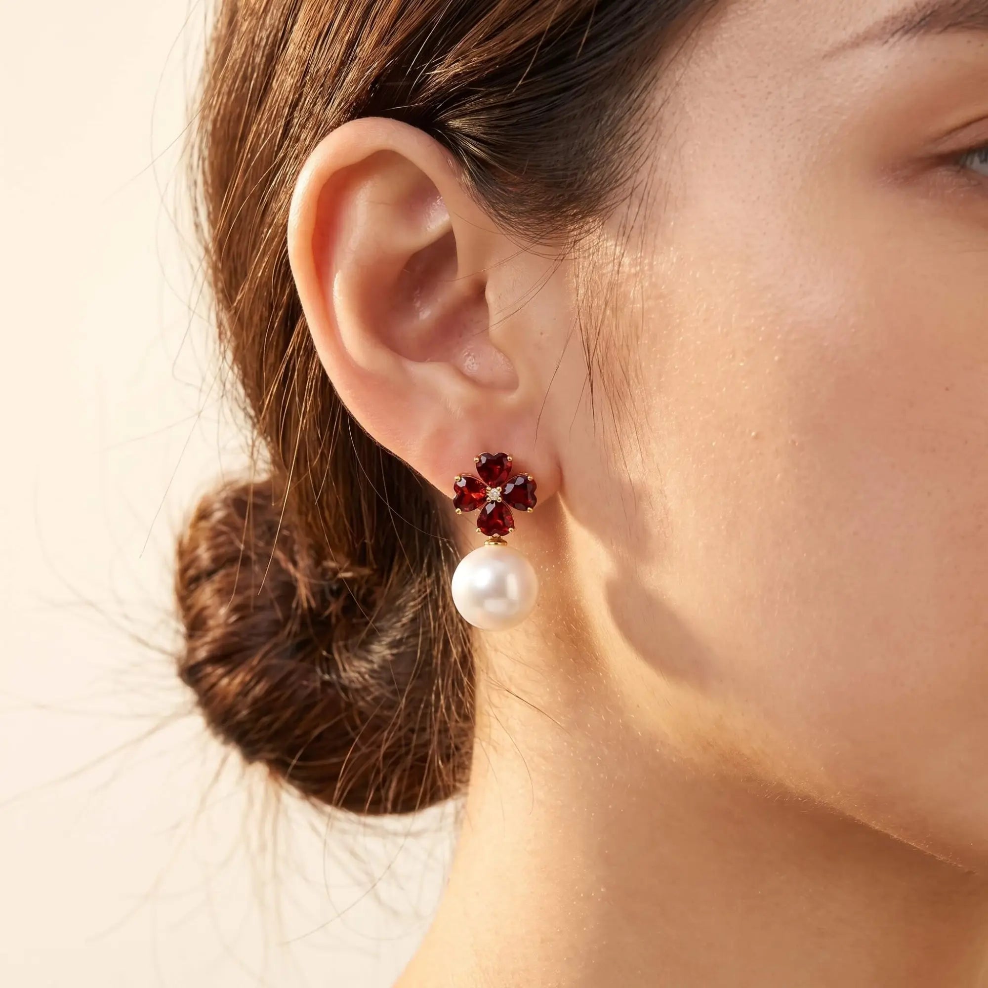 Felicia Garnet Diamond Clover Pearl Convertible Drop Earrings