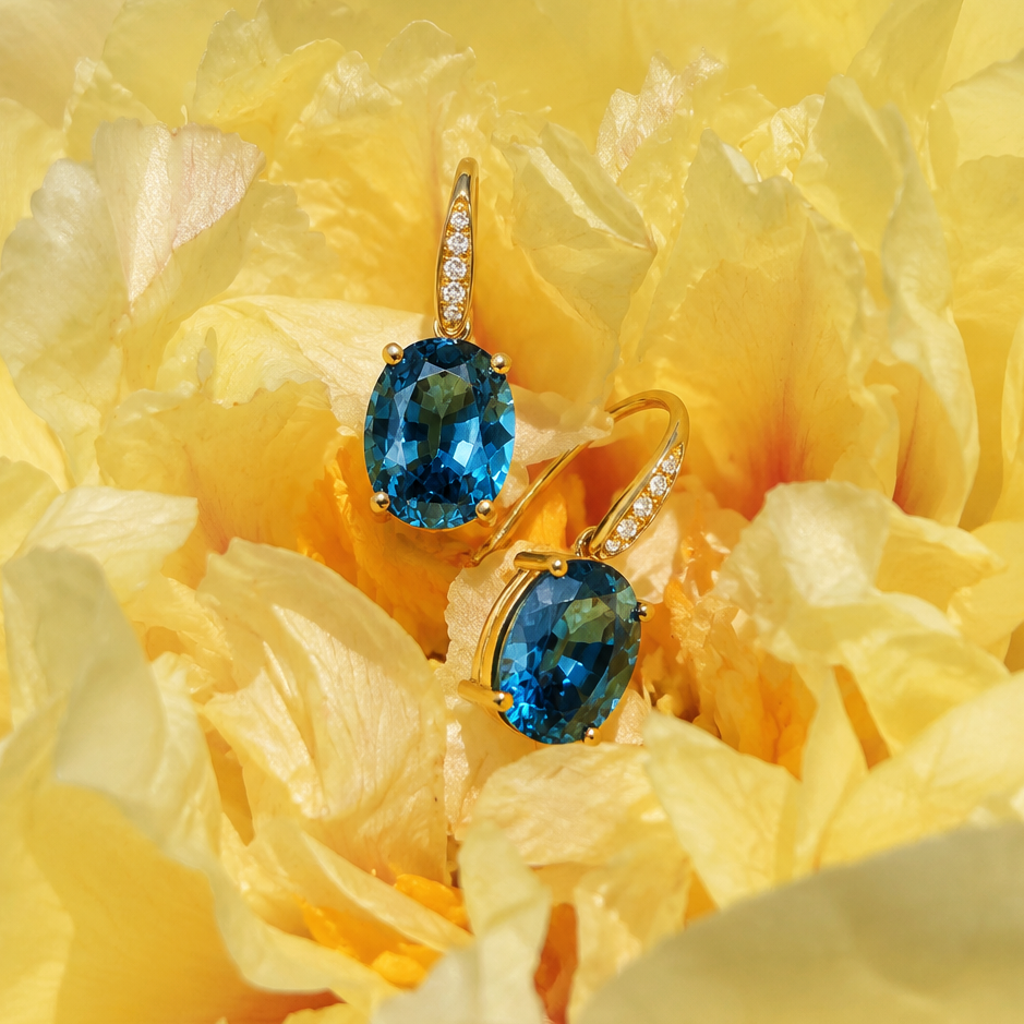 Radiant Natural Oval London Blue Topaz Diamond Drop Earrings in 14k yellow gold