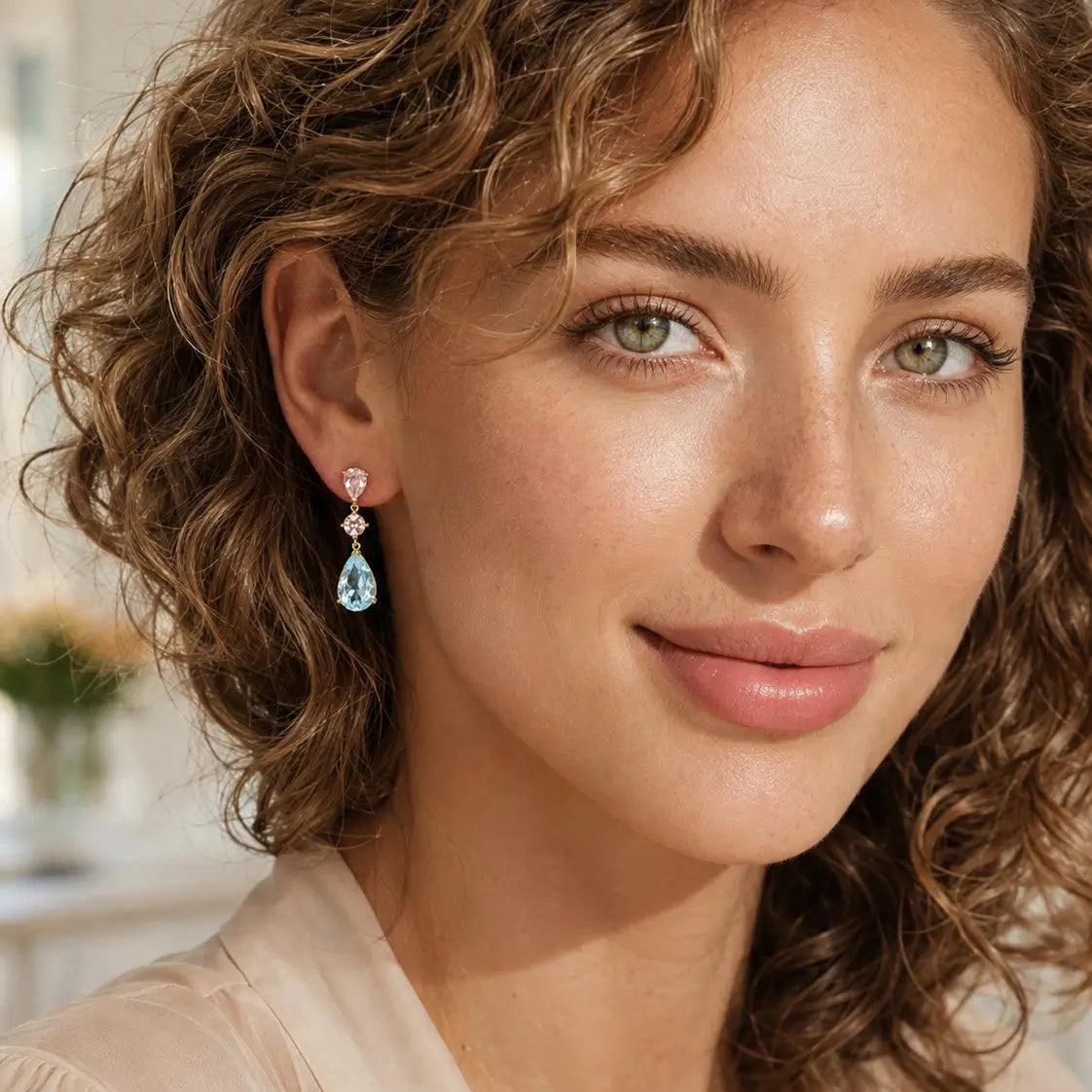 Garden Melody 7.88 ctw Natural Aquamarine & Pink Morganite Drop Earrings in 14k yellow gold (One-of-a-Kind)