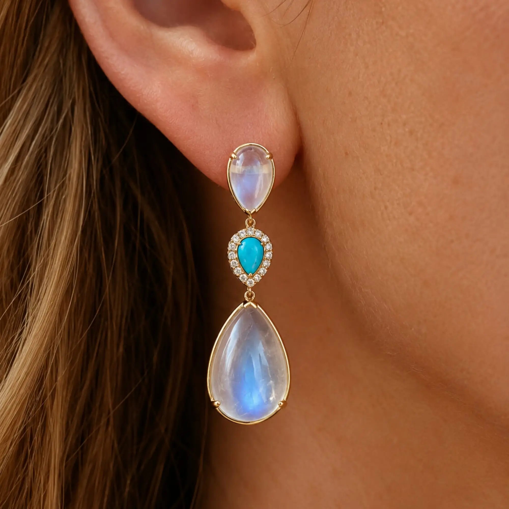 kai fine jewelry Garden Melody natural 27.36 ctw Natural Moonstone, Turquoise & Diamond Drop Earrings in 24k yellow gold (One-of-a-Kind)