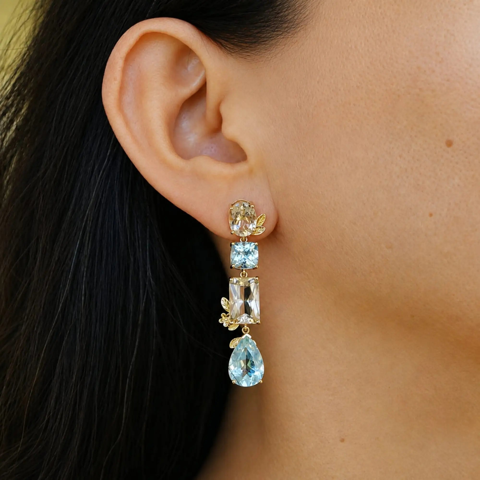 14k yellow gold Garden Melody 20.75 ctw Natural Aquamarine & Champagne Scapolite Drop Earrings (One-of-a-Kind)
