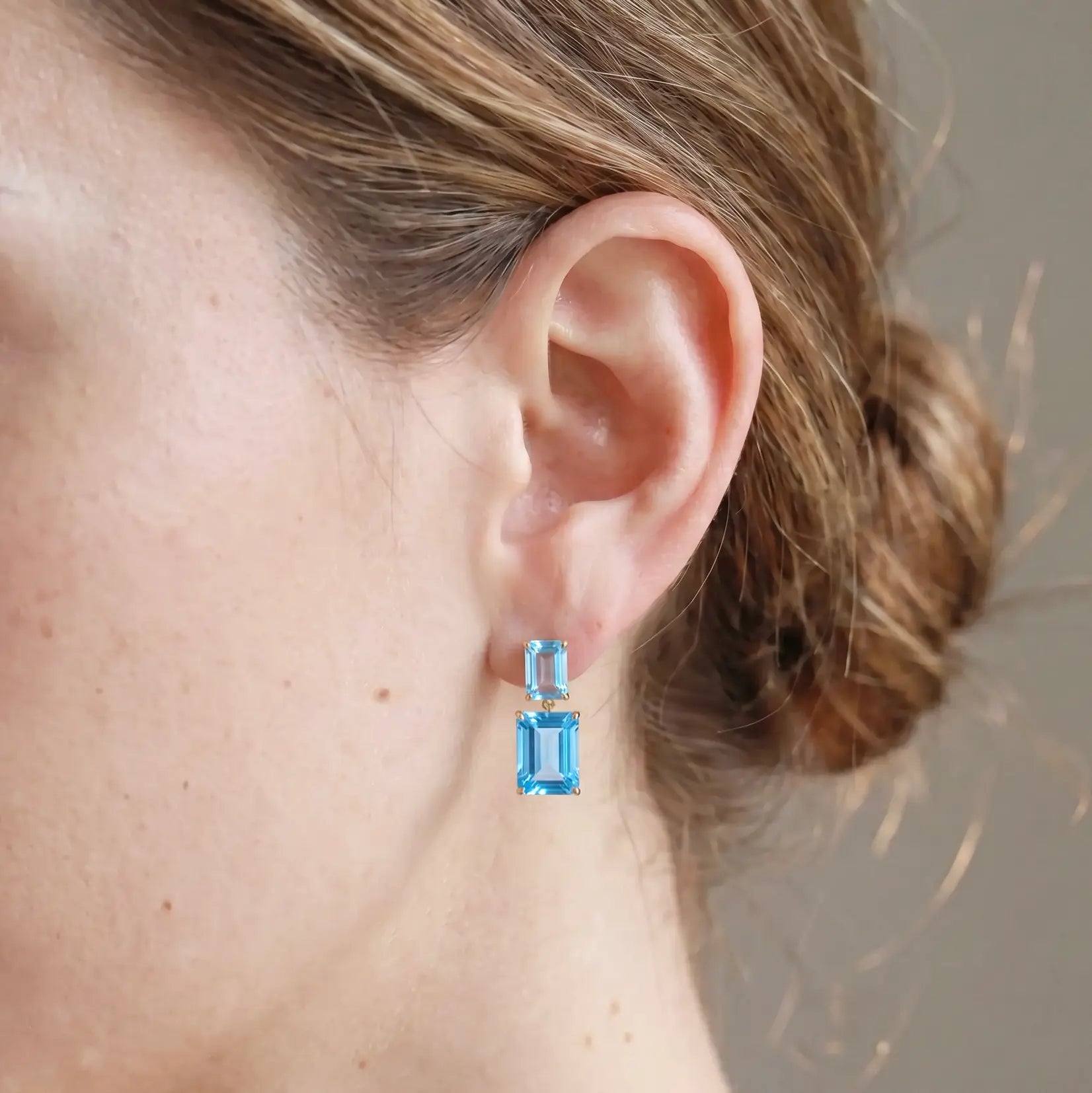Duet Natutal Emerald-Cut Sky Blue Aquamarine & Blue Topaz Drop Earrings in 14k yellow gold