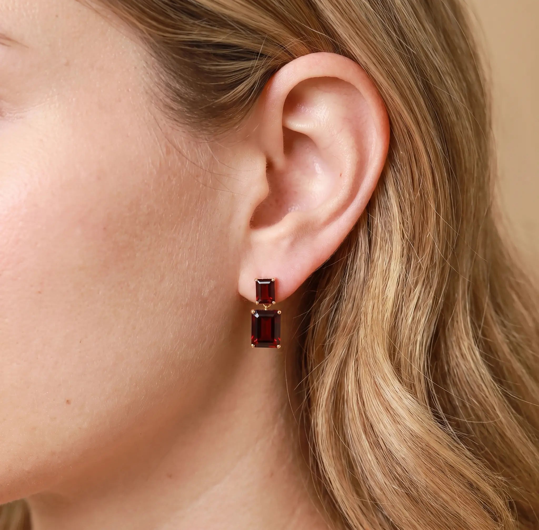 Duet Emerald-Cut Natural 10.8ctw Garnet Drop Earrings in 14k yellow gold
