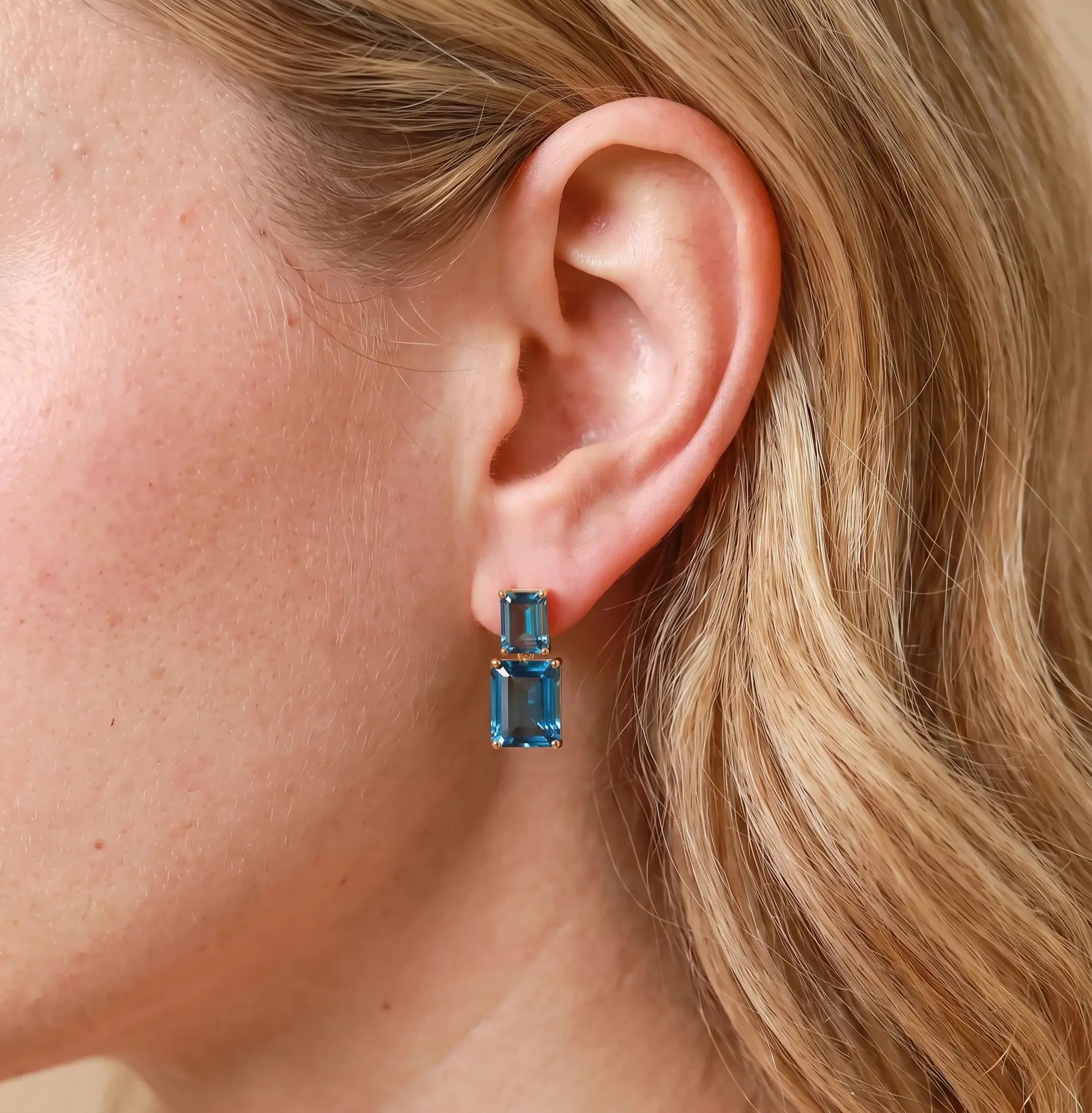 Duet Emerald-Cut Natural 10ctw London Blue Topaz Drop Earrings in 14k yellow gold