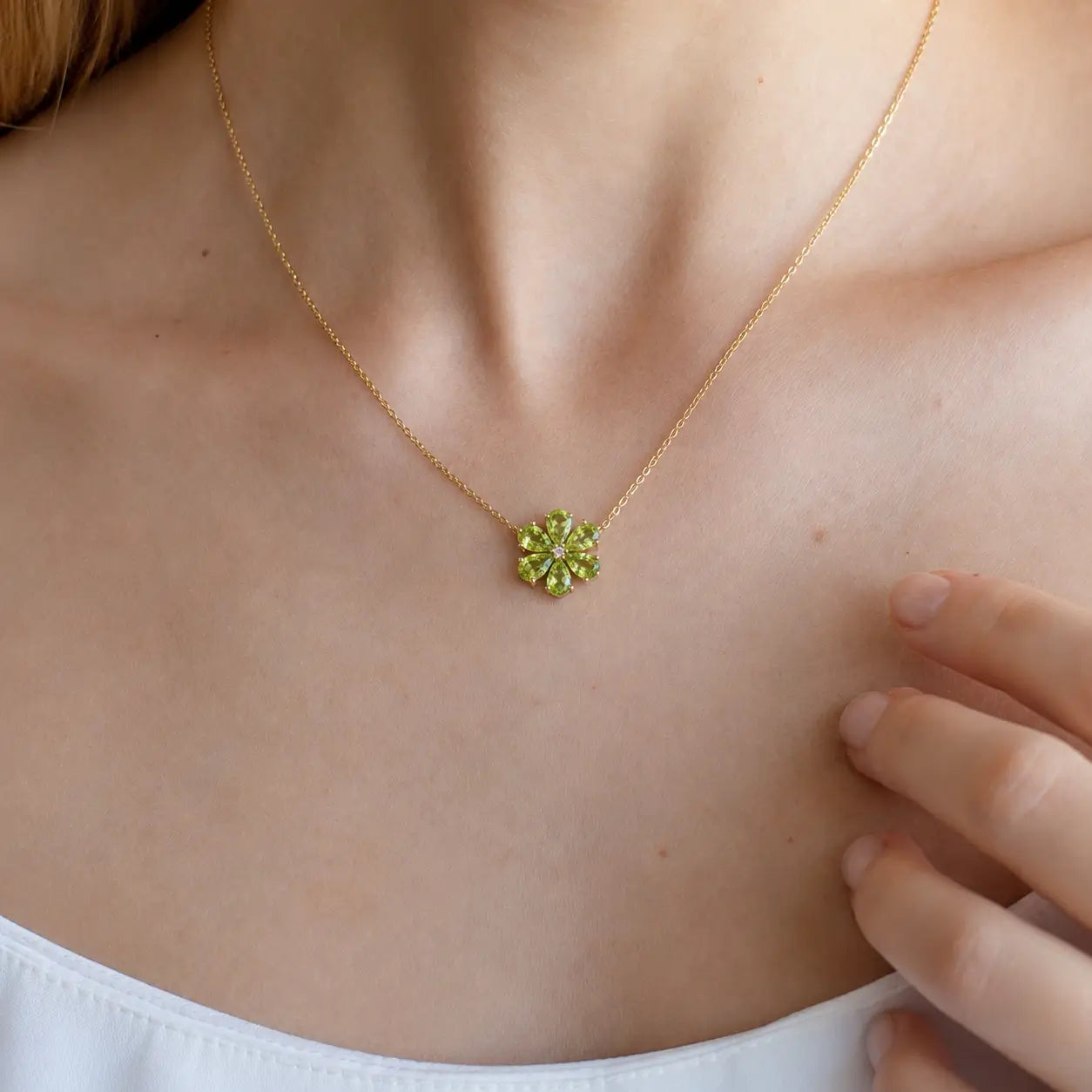 Flora Blossom Natural 2.72 Peridot Diamond Necklace in 14k yellow gold