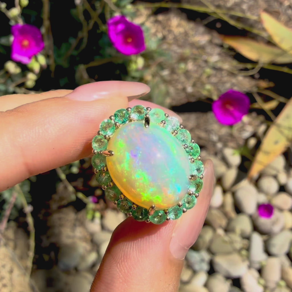 kai fine jewelry Eden Halo 8.58 ctw Natural Opal & Emerald East-West Ring in 14k yellow gold size 7(One-of-a-Kind)