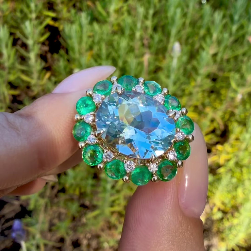 Kai Fine Jewelry Belle Halo 8.19 ctw Guild Certified Natural Aquamarine Emerald & Diamond East-West Ring Size 7 (One-of-a-Kind)
