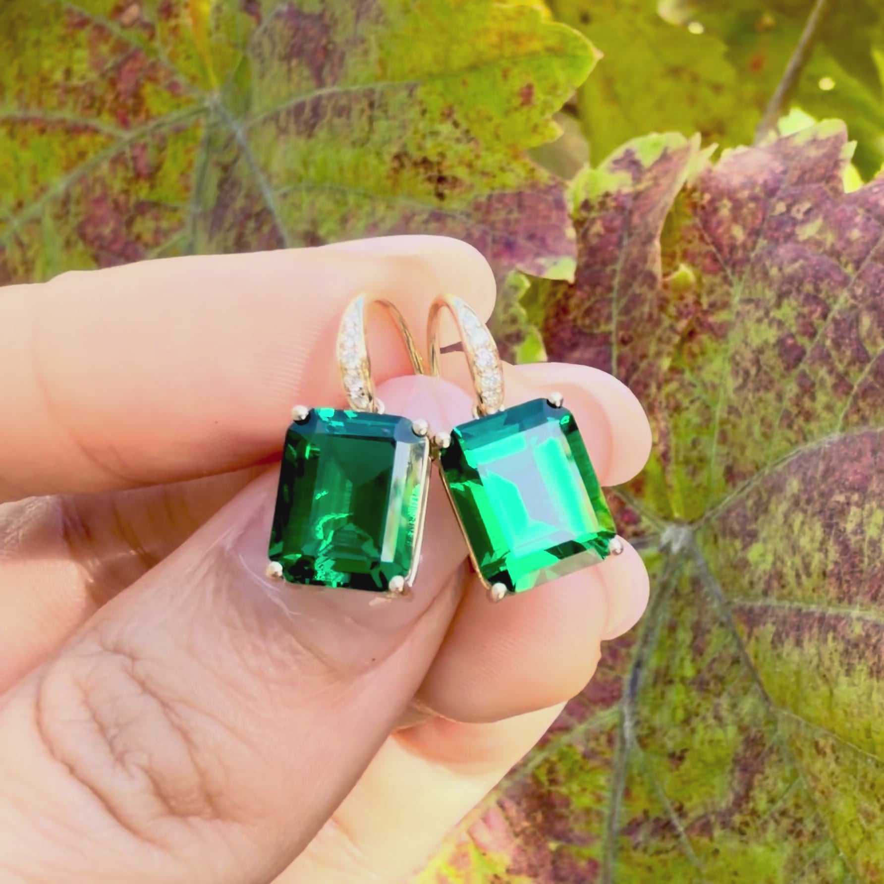 Radiant 6.85ctw Lab-Grown Emerald Diamond Drop Earrings in 14k yellow gold