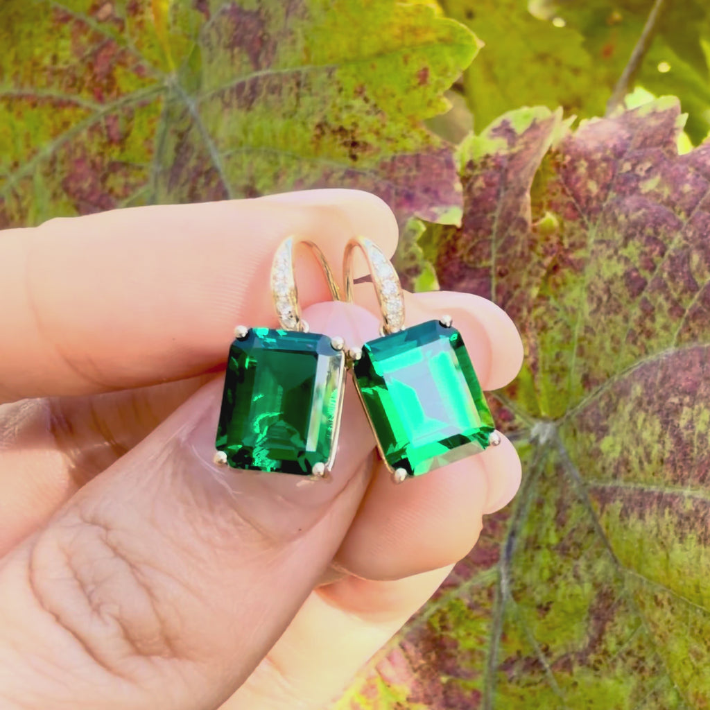 Radiant 6.85ctw Lab-Grown Emerald Diamond Drop Earrings in 14k yellow gold
