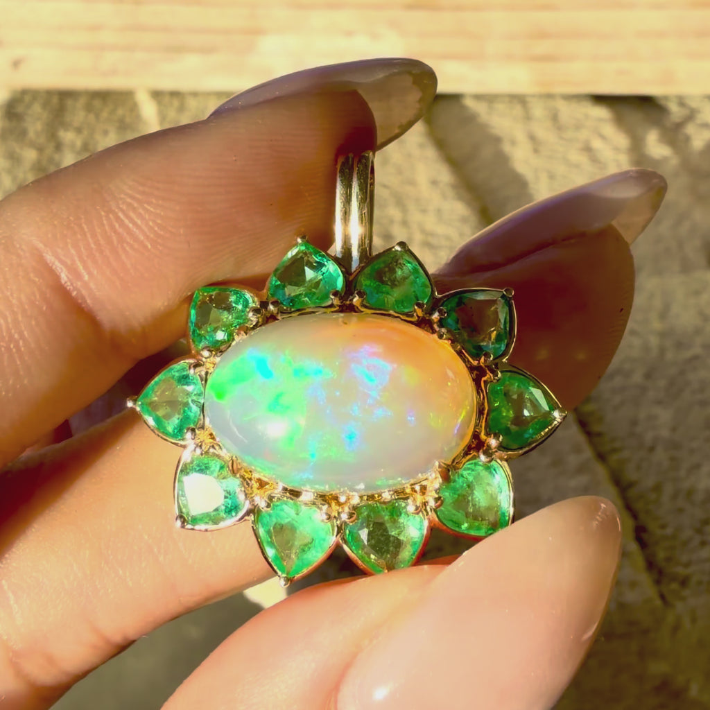 14k yellow gold Bloom Halo 7.96 ctw Natural Opal & Emerald Diamond Heart Lock Paperclip Chain Necklace (One-of-a-Kind)
