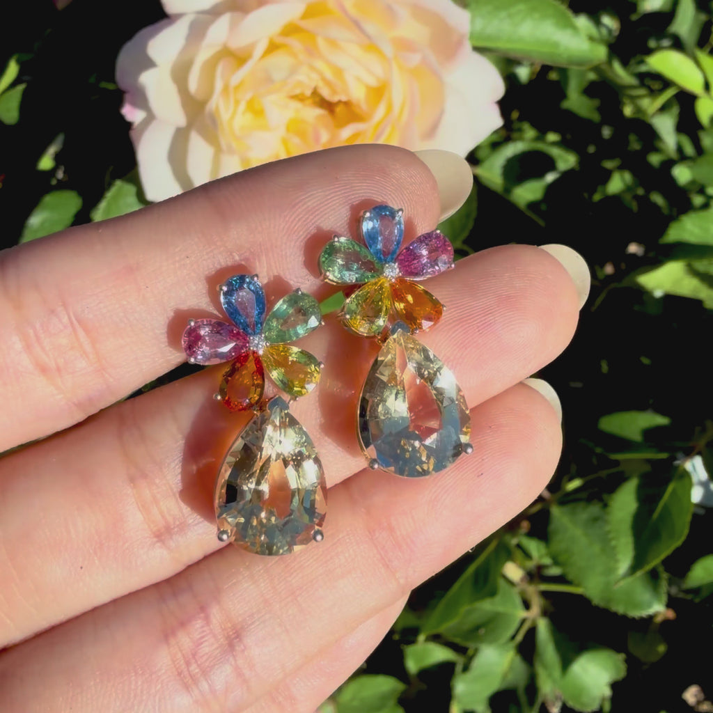 Garden Melody 13.43 ctw Natural Rainbow Sapphire, Champagne Scapolite & Diamond Drop Earrings (One-of-a-Kind)