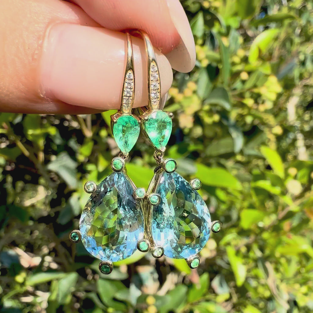 Garden Melody 9.48 ctw AIGS Certified Natural Aquamarine & Emerald Lever-Back Earrings (One-of-a-Kind)
