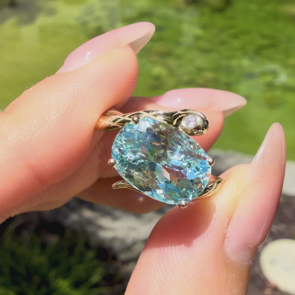14k yellow gold Snake Protection 3.42 ctw Natural Aquamarine & Diamond East-West Ring (One-of-a-Kind)