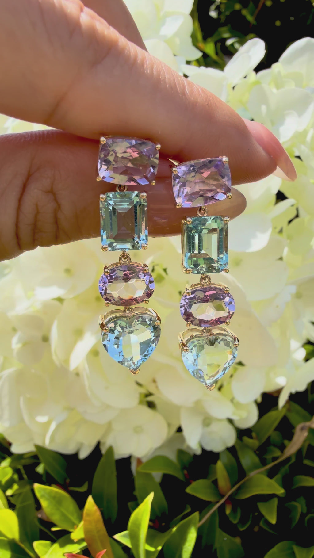 Garden Melody AIGS Certified 12.85 ctw Aquamarine & Lavender Amethyst Drop Earrings in 14k yellow gold (One-of-a-Kind)