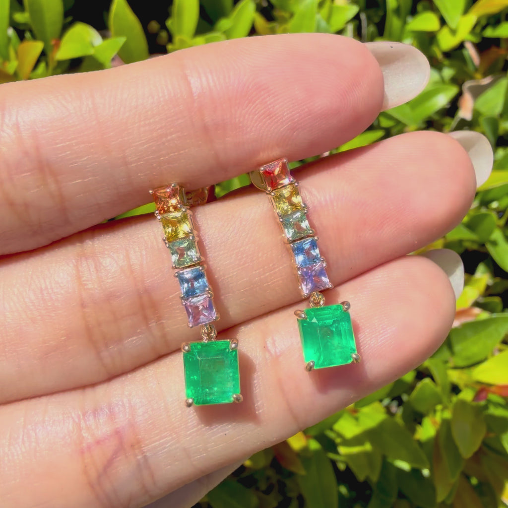14k gold Garden Melody 3.56 ctw Natural Emerald & Sapphire Drop Earrings (One-of-a-Kind)