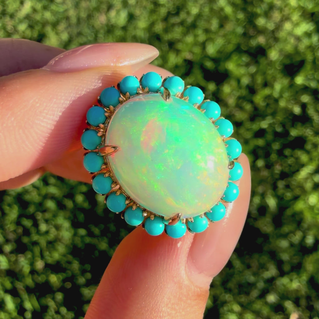 14k yellow gold Eden Halo 8.44 ctw Natural Opal & Turquoise East-West Ring (One-of-a-Kind)