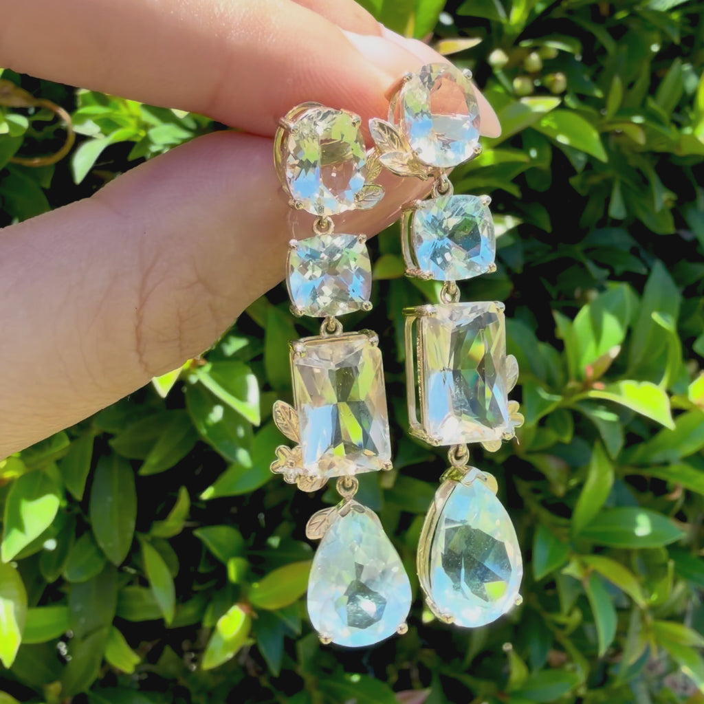 14k yellow gold Garden Melody 20.75 ctw Natural Aquamarine & Champagne Scapolite Drop Earrings (One-of-a-Kind)