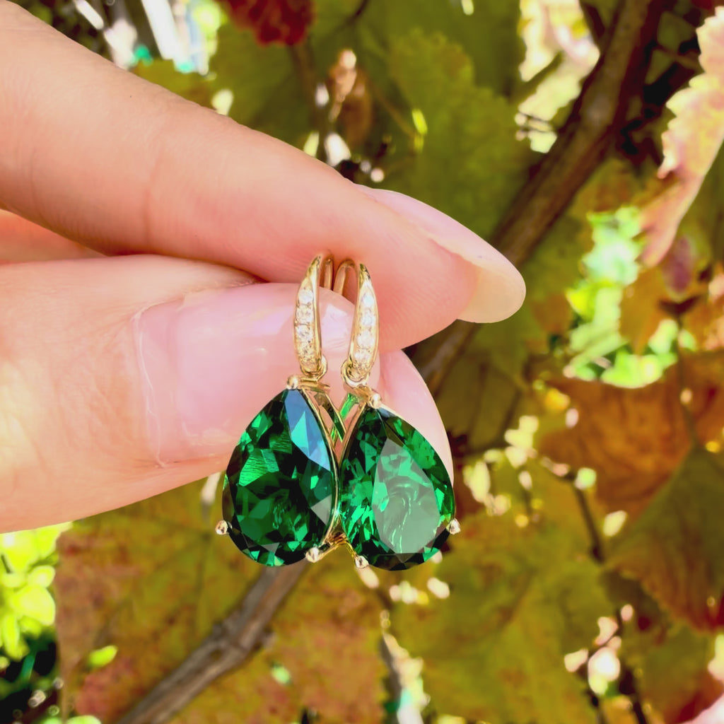 kai fine jewelry Radiant Pear Lab-Grown Emerald Diamond Drop Earrings in 14k yellow gold