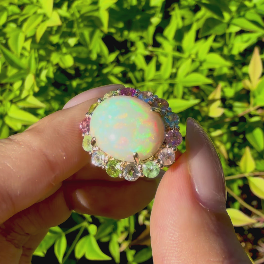 14k yellow gold Eden Halo 6.96 ctw Natural Opal & Pastel Tourmaline East-West Ring (One-of-a-Kind)
