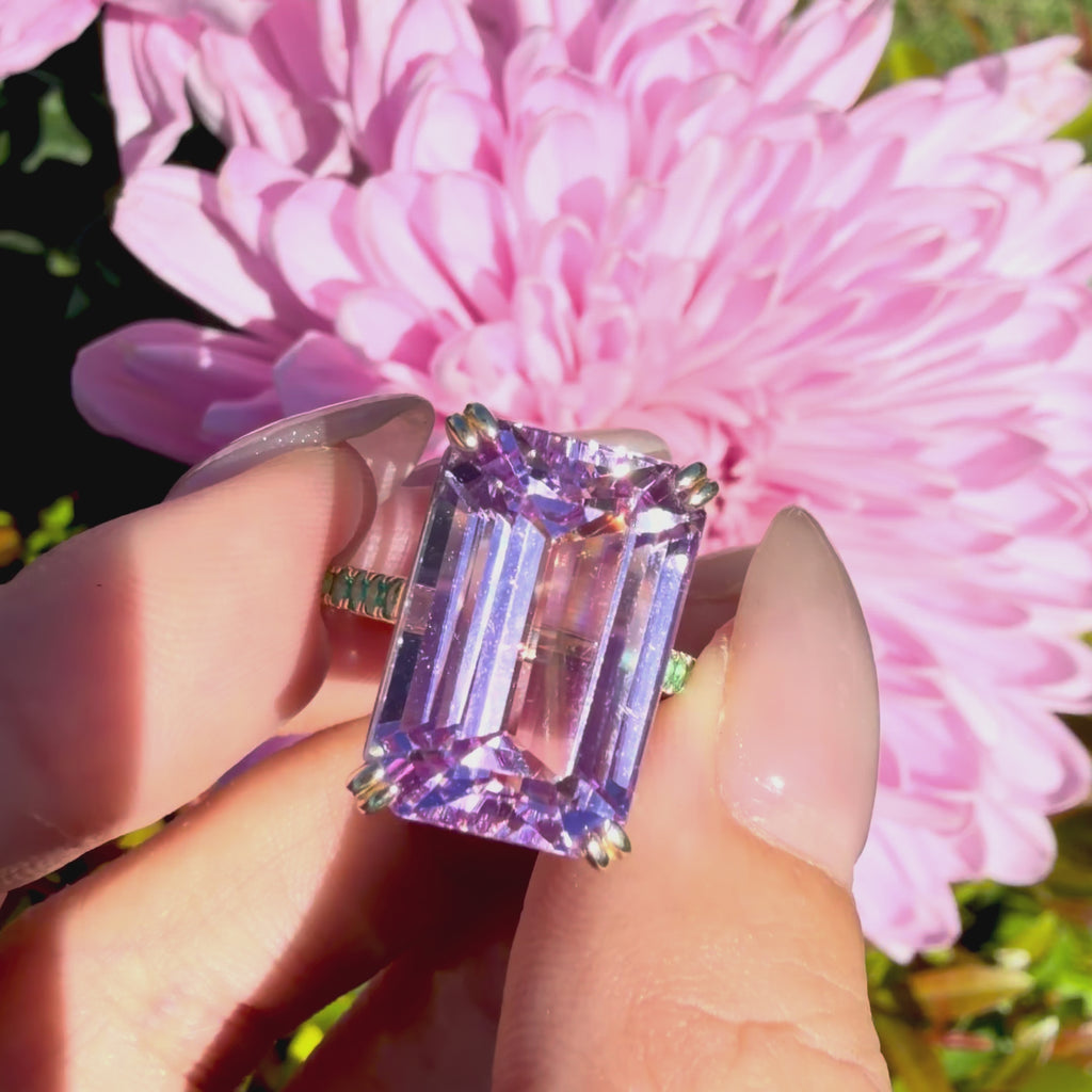 14k yellow gold Radiant 15.01 ctw Natural Kunzite & Emerald Ring (One-of-a-Kind)