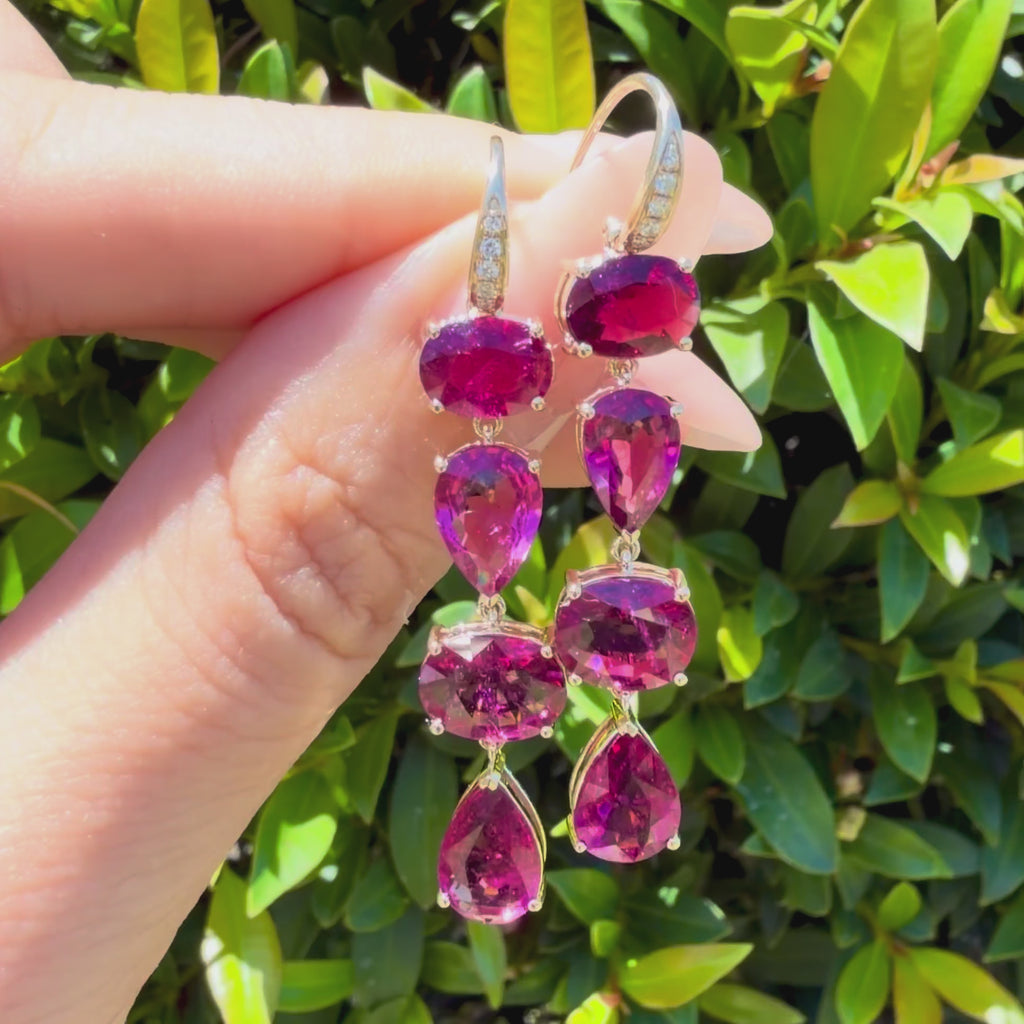 14k yellow gold Garden Melody 8.18 ctw Natural Rubellite & Diamond Drop Earrings (One-of-a-Kind)