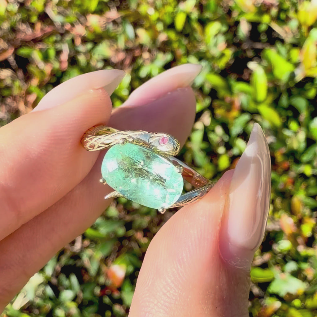 14k yellow gold Snake Protection 1.77 ctw AIGS Certified Natural Paraiba Tourmaline & Pink Sapphire East-West Ring (One-of-a-Kind)