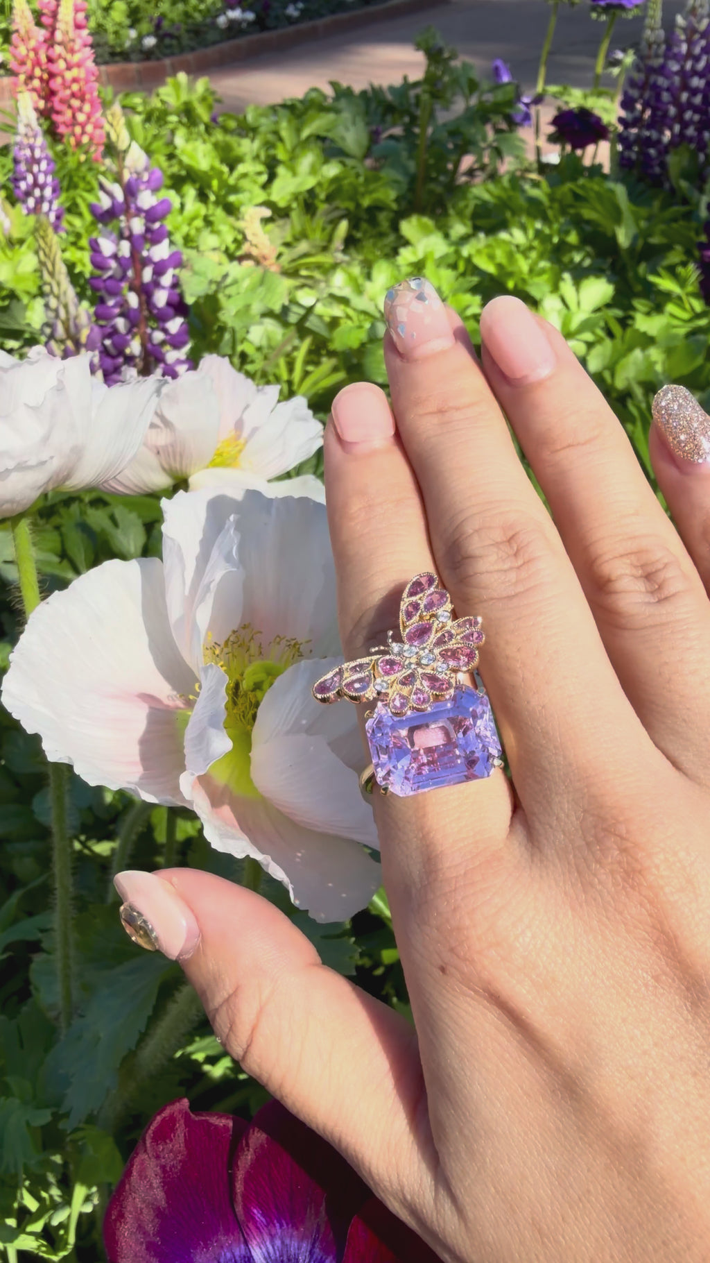 14k gold Nina Zhou x Kai Natural Pink Sapphire Diamond Butterfly on Kunzite Ring (One-of-a-Kind)
