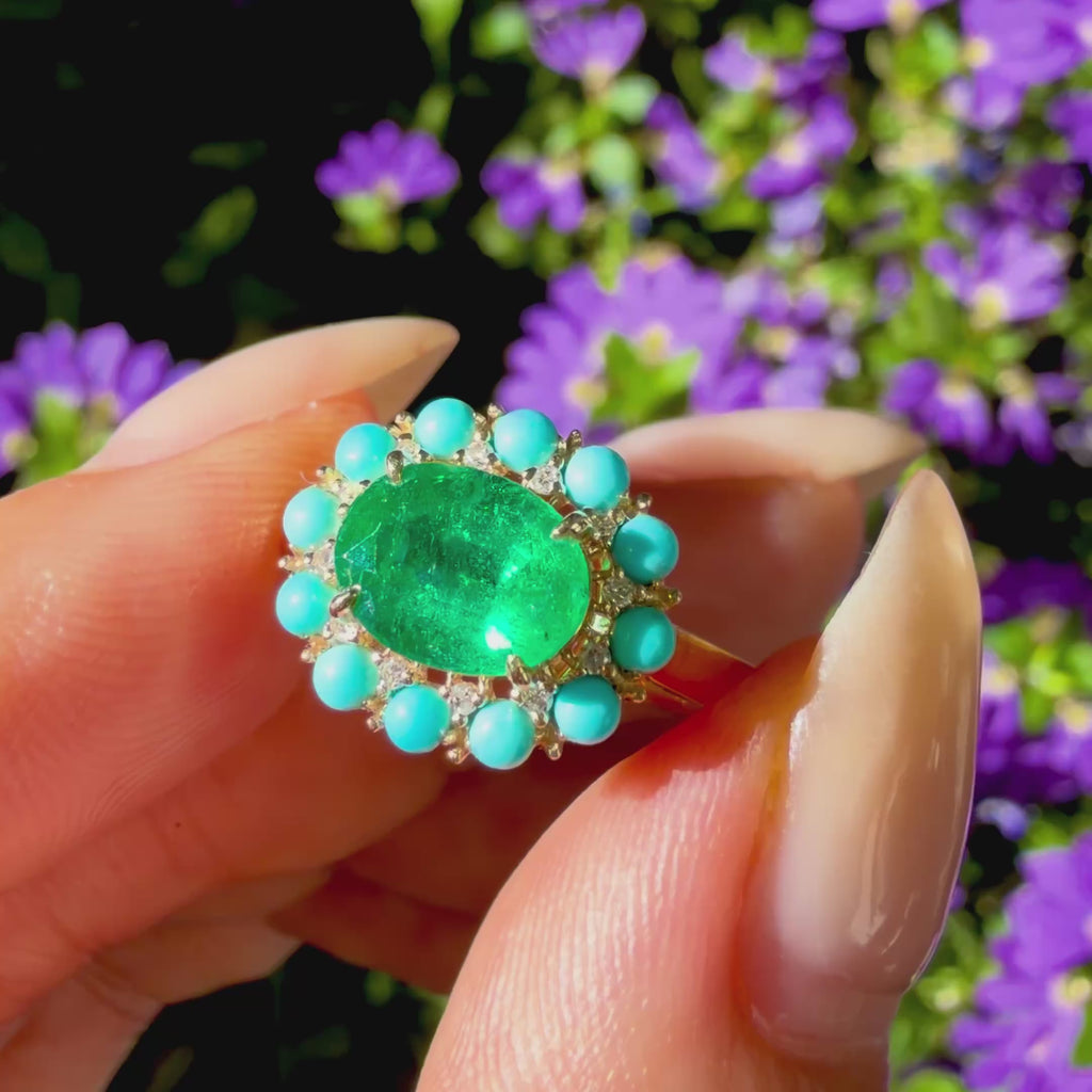 Belle Halo 1.94 ctw AIGS Certified Natural Emerald, Turquoise & Diamond East-West Ring (One-of-a-Kind)