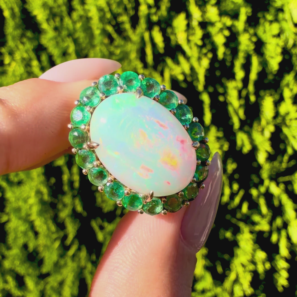 Kai Fine Jewelry Eden Halo 9.40 ctw Natural Opal & Emerald East-West Ring Size7 (One-of-a-Kind)