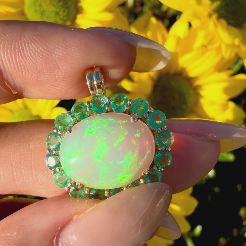 14k yellow gold Eden Halo 6.68 ctw Natural Opal & Emerald Diamond Lock Paperclip Chain Necklace (One-of-a-Kind)