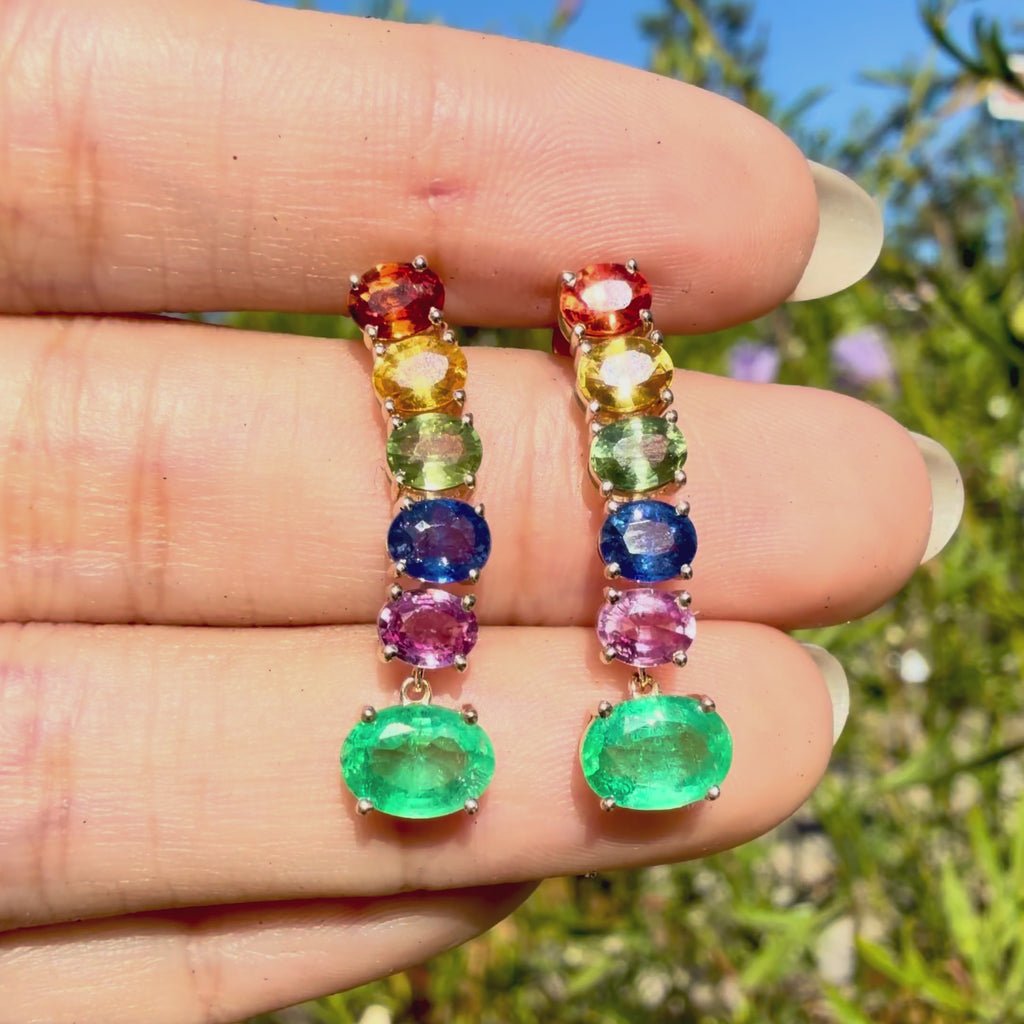Garden Melody 5.16 ctw Natural Emerald & Rainbow Sapphire Drop Earrings (One-of-a-Kind)