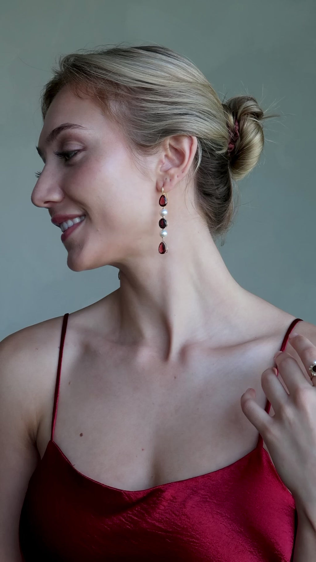 GemFusion Natural Garnet Diamond Pearl Convertible Drop Earrings 14k yellow gold