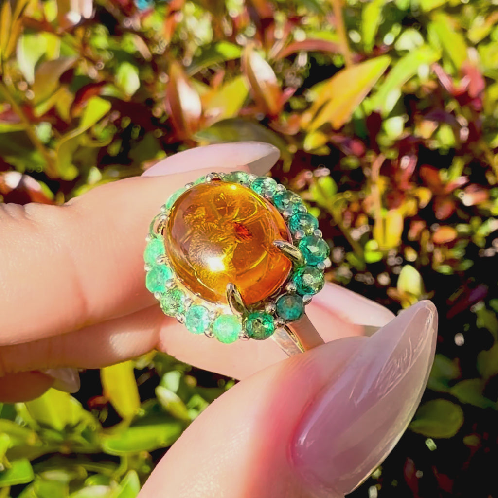 14k yellow gold Eden Halo 2.69 ctw Natural Amber & Emerald East-West Ring (One-of-a-Kind)