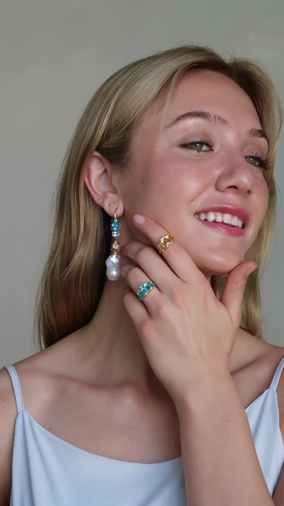 GemFusion Natural Topaz Aquamarine Citrine Diamond Baroque Pearl Convertible Drop Earrings 14k yellow gold